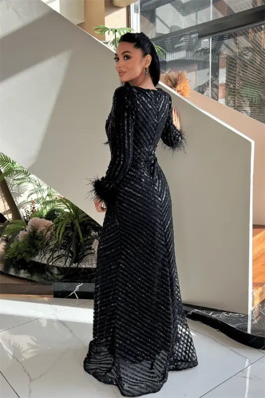 Sequin Fabric Hijab Evening Dress - BLACK - 5