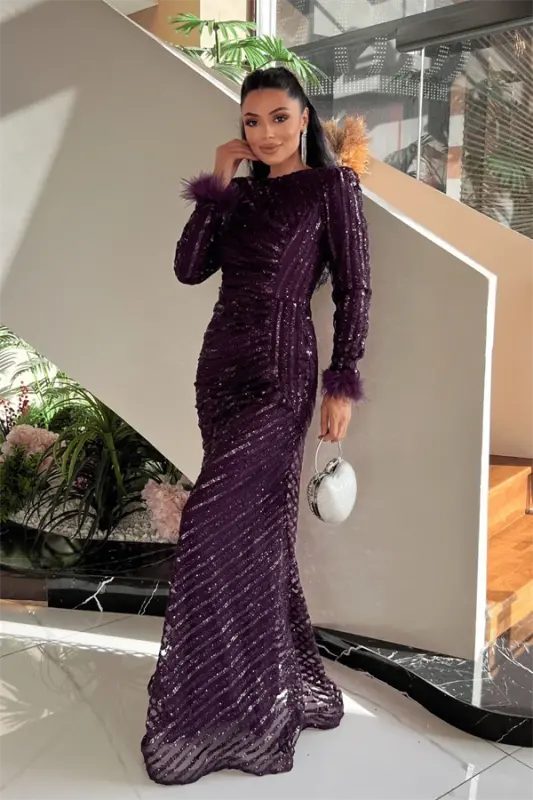Sequin Fabric Hijab Evening Dress - EGGPLANT PURPLE - 1