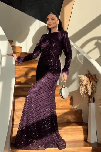 Sequin Fabric Hijab Evening Dress - EGGPLANT PURPLE - BÜYÜKBEDENIZ (1)