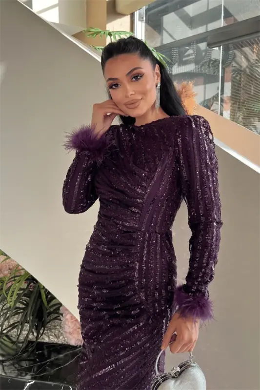 Sequin Fabric Hijab Evening Dress - EGGPLANT PURPLE - 3