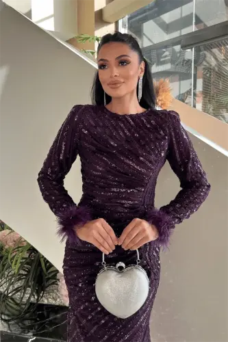 Sequin Fabric Hijab Evening Dress - EGGPLANT PURPLE - 4