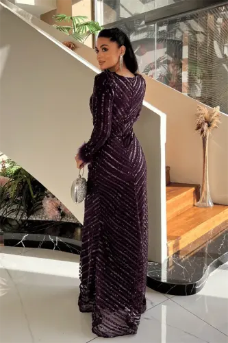 Sequin Fabric Hijab Evening Dress - EGGPLANT PURPLE - 5