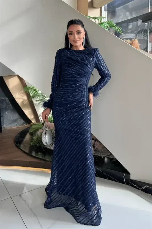 Sequin Fabric Hijab Evening Dress - NAVY BLUE - BÜYÜKBEDENIZ