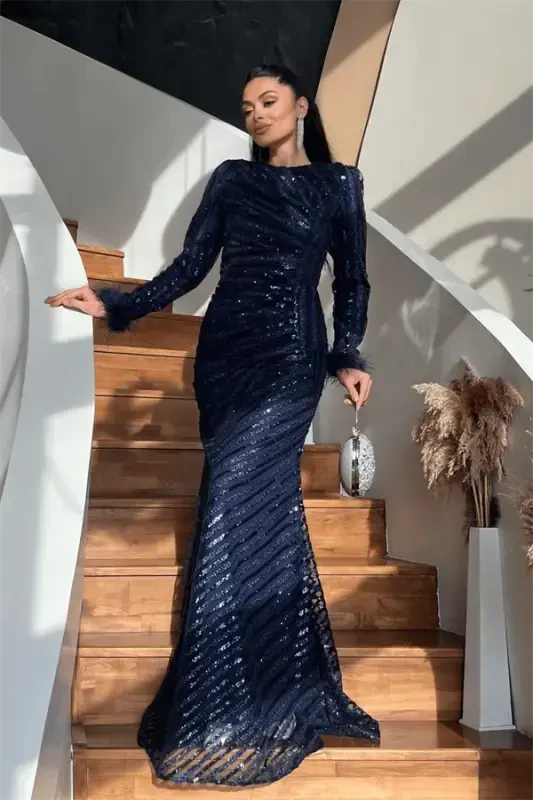 Sequin Fabric Hijab Evening Dress - NAVY BLUE - 2