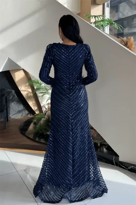 Sequin Fabric Hijab Evening Dress - NAVY BLUE - BÜYÜKBEDENIZ