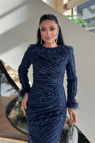 Sequin Fabric Hijab Evening Dress - NAVY BLUE - 3