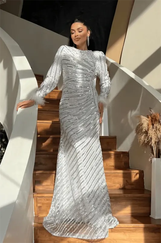 Sequin Fabric Hijab Evening Dress - WHITE - 2