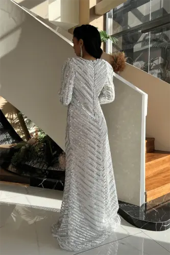 Sequin Fabric Hijab Evening Dress - WHITE - 5