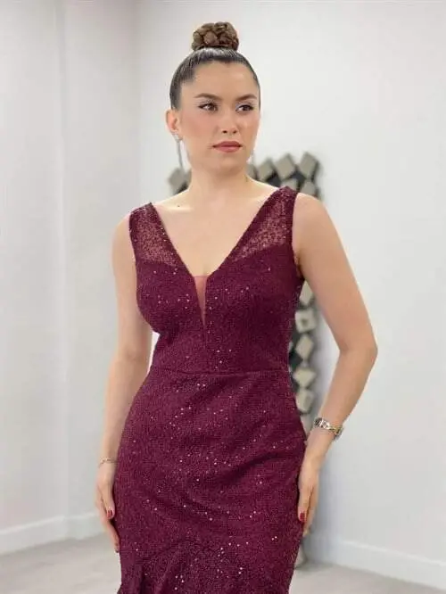 Sequin Fabric Knitted Detailed Flounced Dress - BURGUNDY - 8