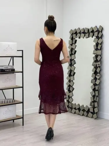 Sequin Fabric Knitted Detailed Flounced Dress - BURGUNDY - 5