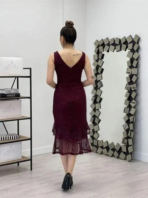Sequin Fabric Knitted Detailed Flounced Dress - BURGUNDY - 5