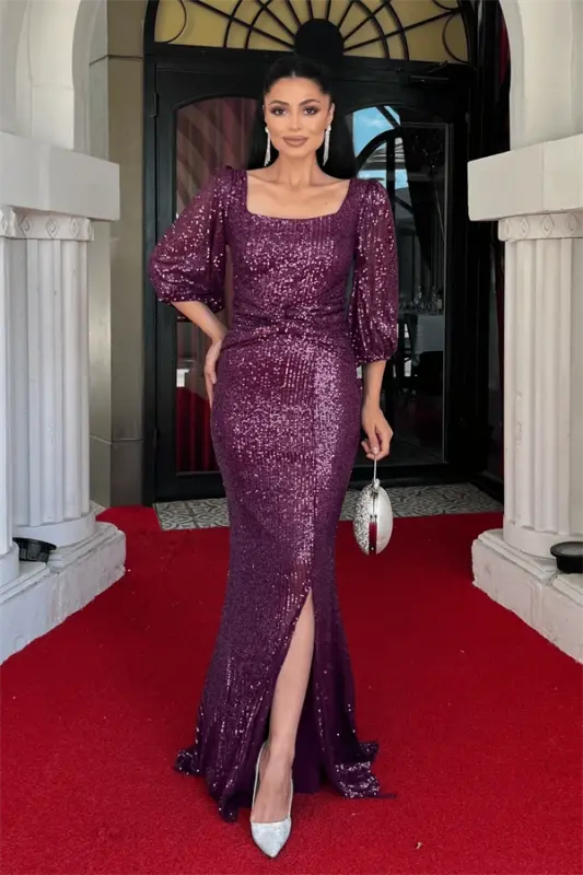 Sequin Fabric Knot Detailed Evening Dress - EGGPLANT PURPLE - 1