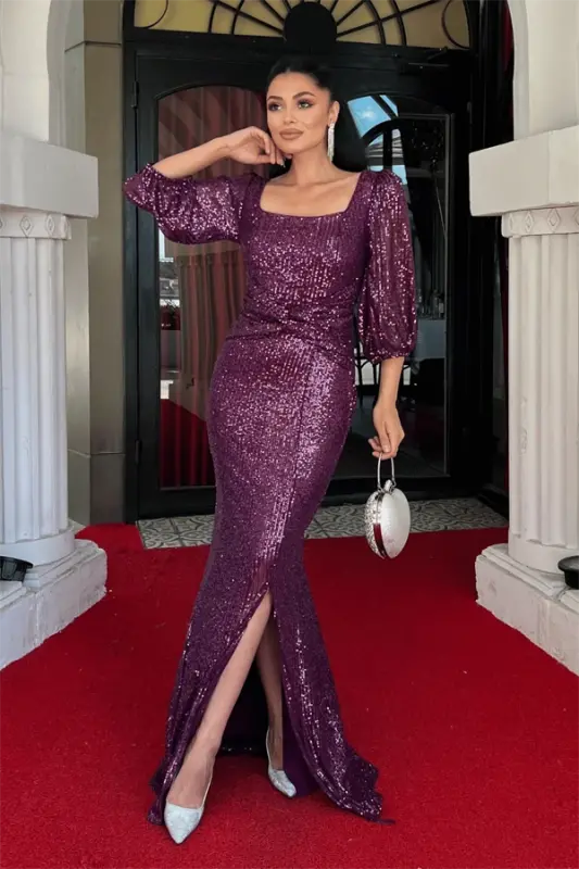 Sequin Fabric Knot Detailed Evening Dress - EGGPLANT PURPLE - 2