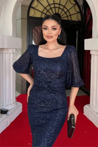 Sequin Fabric Knot Detailed Evening Dress - NAVY BLUE - 3