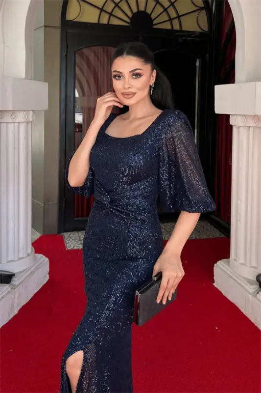 Sequin Fabric Knot Detailed Evening Dress - NAVY BLUE - 4