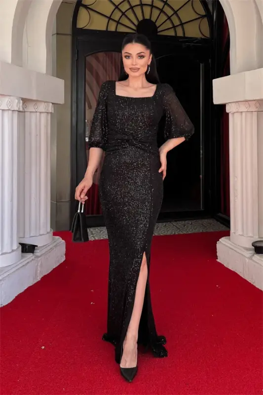 Sequin Fabric Knotted Detailed Evening Dress - BLACK - BÜYÜKBEDENIZ