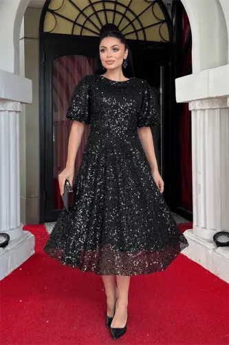 Sequin Fabric Midi Dress - BLACK - BÜYÜKBEDENIZ (1)