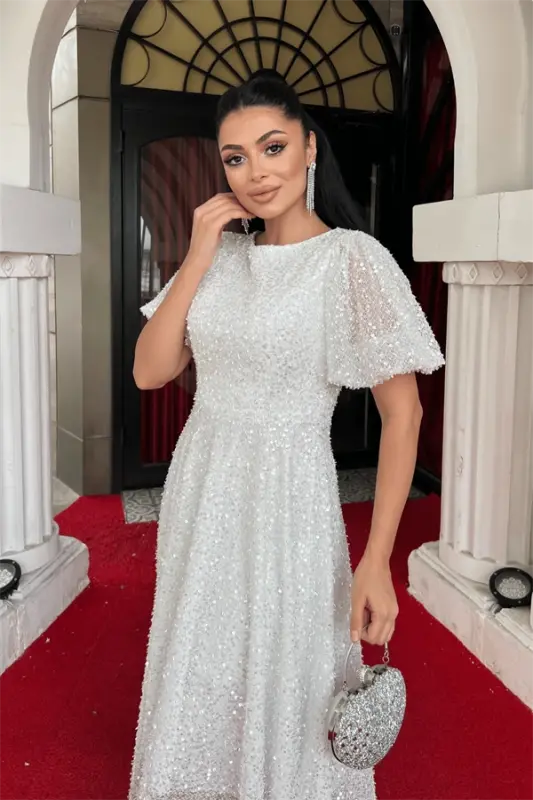 Sequin Fabric Midi Dress - WHITE - 3