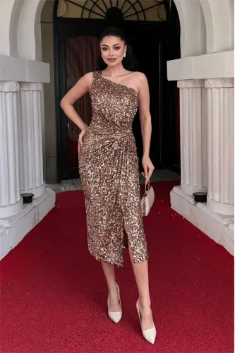Sequin Fabric One Shoulder Pencil Dress - BRONZE - 6