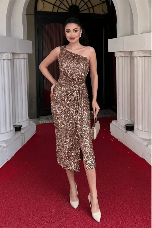 Sequin Fabric One Shoulder Pencil Dress - BRONZE - 6