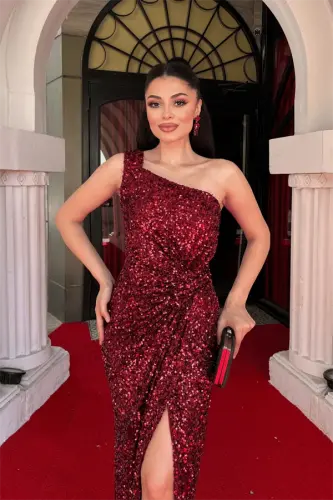 Sequin Fabric One Shoulder Pencil Dress - BURGUNDY - 3
