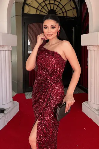 Sequin Fabric One Shoulder Pencil Dress - BURGUNDY - 4
