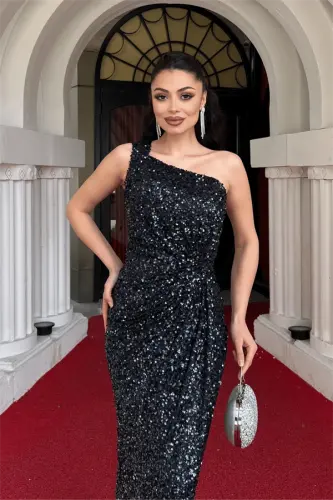 Sequin Fabric One Shoulder Pencil Dress - NAVY BLUE - 4