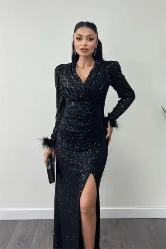 Sequin Fabric Ostrich Detailed Evening Dress - BLACK - 3