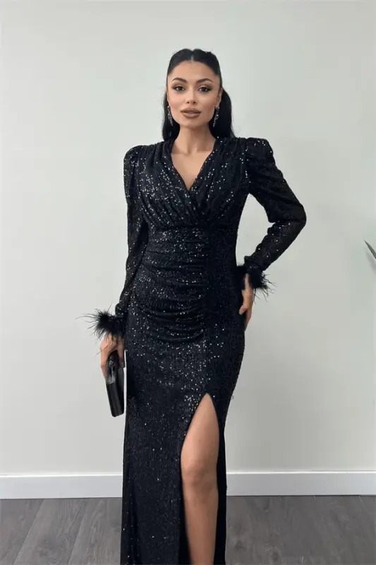 Sequin Fabric Ostrich Detailed Evening Dress - BLACK - 3