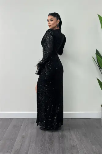 Sequin Fabric Ostrich Detailed Evening Dress - BLACK - 5