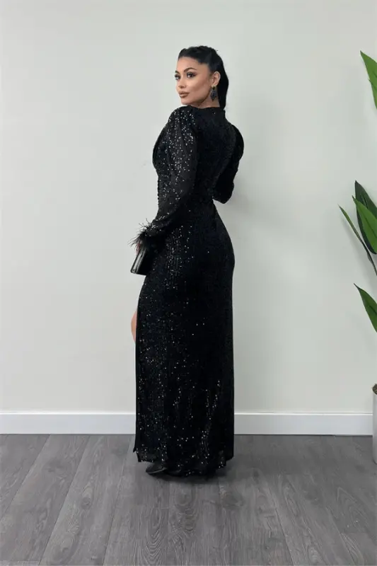 Sequin Fabric Ostrich Detailed Evening Dress - BLACK - 5