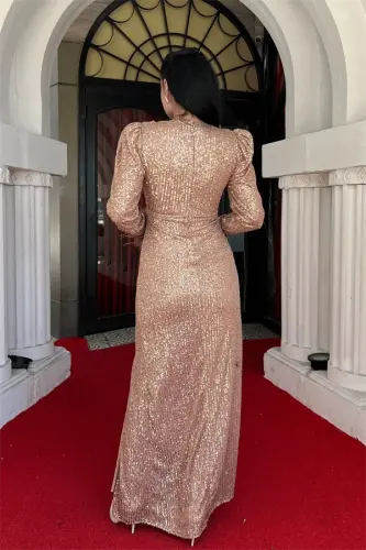 Sequin Fabric Ostrich Detailed Evening Dress - BRONZE - 5