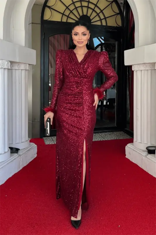 Sequin Fabric Ostrich Detailed Evening Dress - BURGUNDY - 2