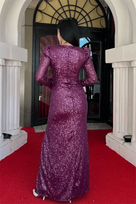Sequin Fabric Ostrich Detailed Evening Dress - EGGPLANT PURPLE - 5