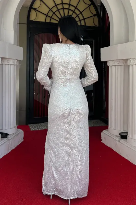 Sequin Fabric Ostrich Detailed Evening Dress - WHITE - 5