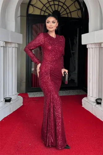 Sequin Fabric Ruched Detail Evening Dress - BURGUNDY - 2