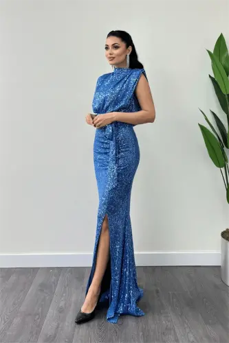 Sequin Fabric Ruched Detail Evening Dress - INDIGO BLUE - BÜYÜKBEDENIZ (1)