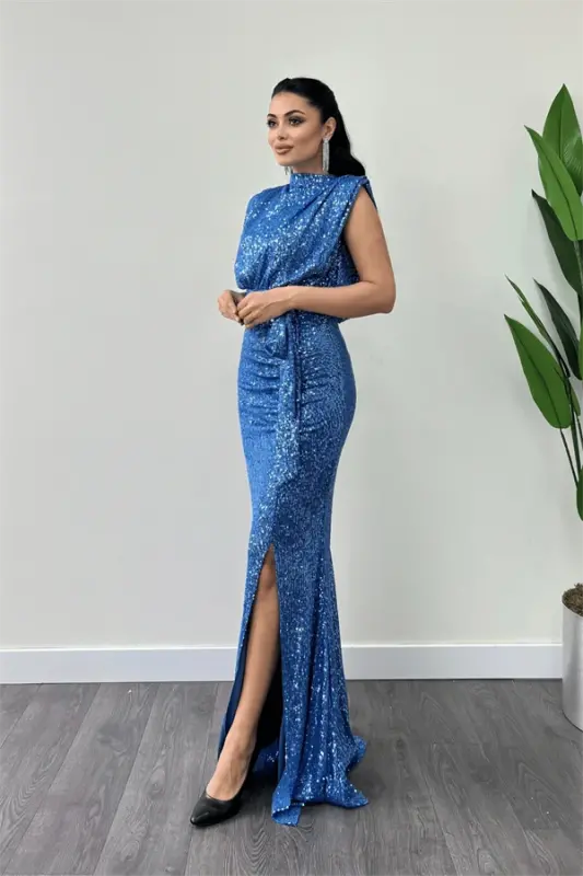 Sequin Fabric Ruched Detail Evening Dress - INDIGO BLUE - 2