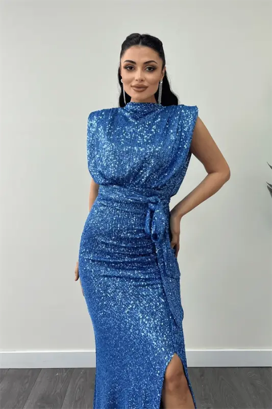 Sequin Fabric Ruched Detail Evening Dress - INDIGO BLUE - 3