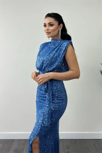 Sequin Fabric Ruched Detail Evening Dress - INDIGO BLUE - 4