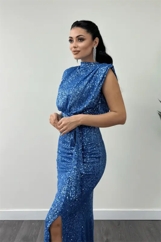 Sequin Fabric Ruched Detail Evening Dress - INDIGO BLUE - 4