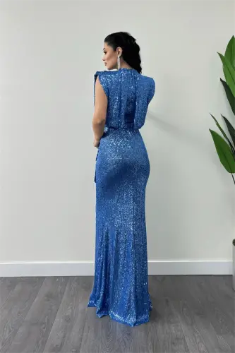 Sequin Fabric Ruched Detail Evening Dress - INDIGO BLUE - 5