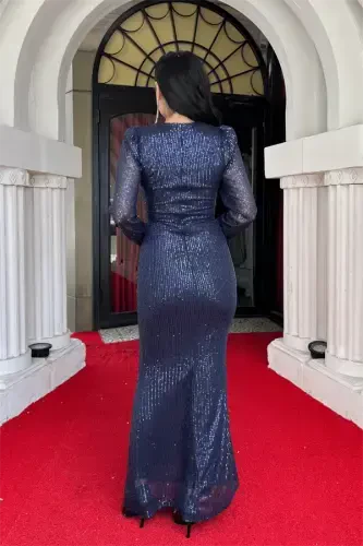 Sequin Fabric Ruched Detail Evening Dress - NAVY BLUE - 5