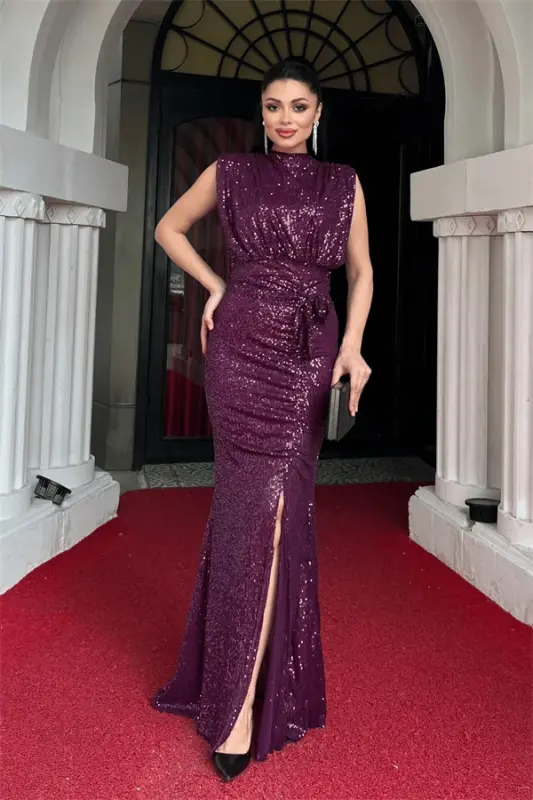 Sequin Fabric Ruched Detail Evening Dress - PURPLE - BÜYÜKBEDENIZ