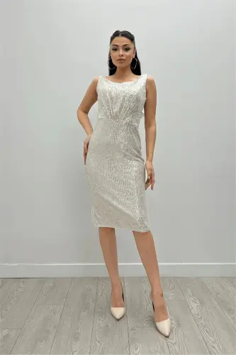 Sequin Fabric Ruched Detail Thick Strap Dress - BEIGE - 1