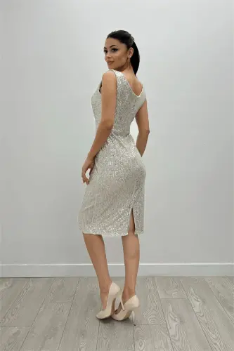 Sequin Fabric Ruched Detail Thick Strap Dress - BEIGE - 5