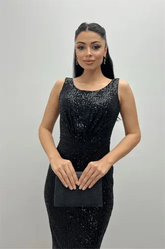 Sequin Fabric Ruched Detail Thick Strap Dress - BLACK - 3