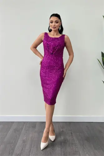 Sequin Fabric Ruched Detail Thick Strap Dress - FUCHSIA - 1
