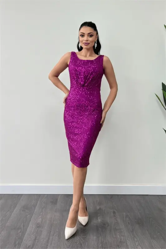 Sequin Fabric Ruched Detail Thick Strap Dress - FUCHSIA - BÜYÜKBEDENIZ