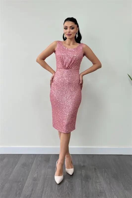 Sequin Fabric Ruched Detail Thick Strap Dress - POWDER - 1